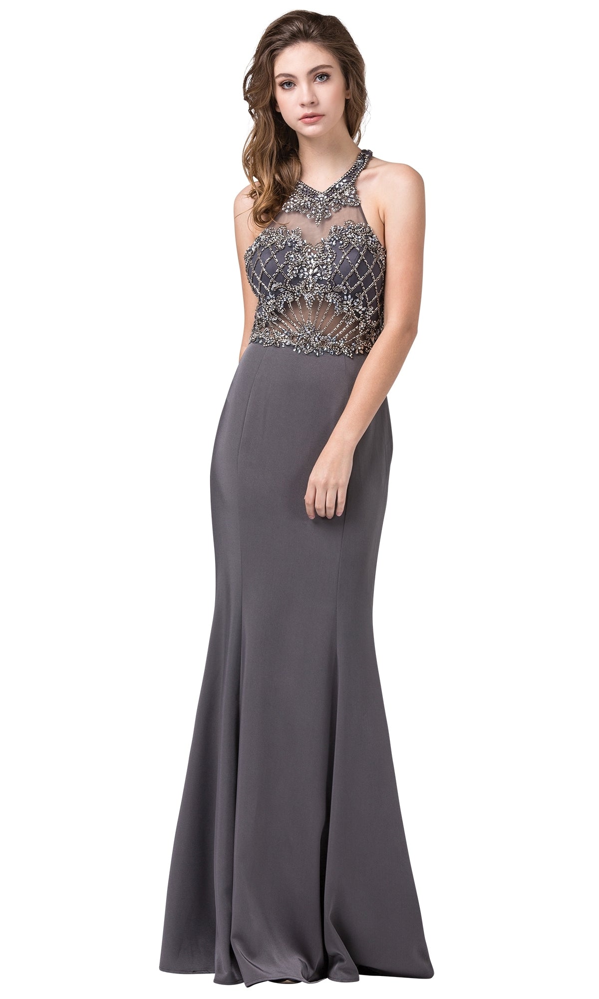 A woman wears the Sheer-Beaded-Bodice Dark Silver Long Prom Dress, featuring a beaded semi-sheer bodice and a fitted, floor-length skirt for an elegant, sparkly evening look.